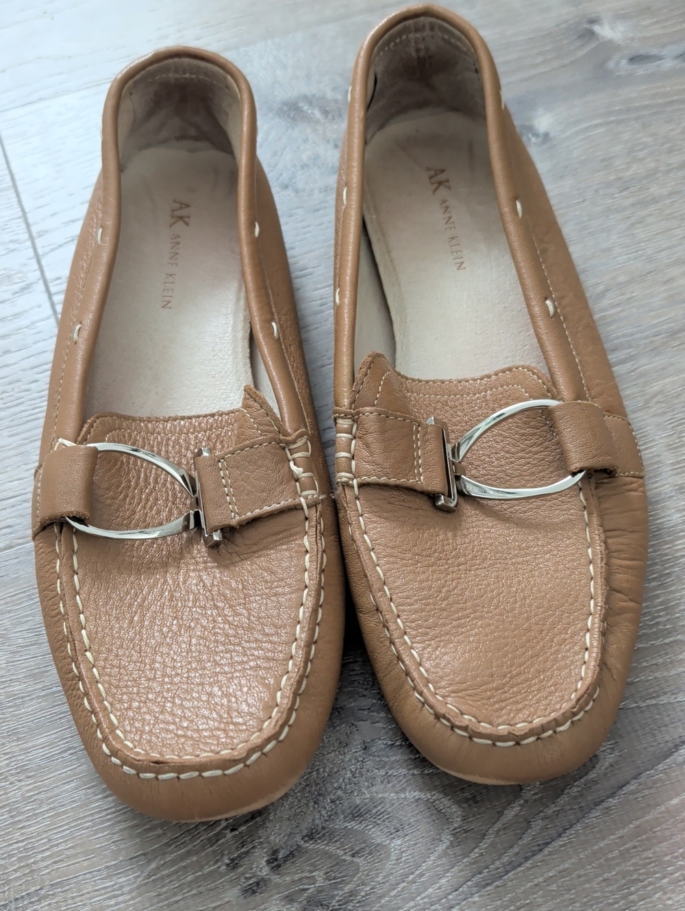 Anne Klein Caramel Leather Moccasin Loafers with Silver Buckle